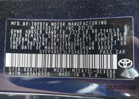 2020 Toyota Corolla Se из США, поврежденный, VIN 5YFP4RCE3LP046642